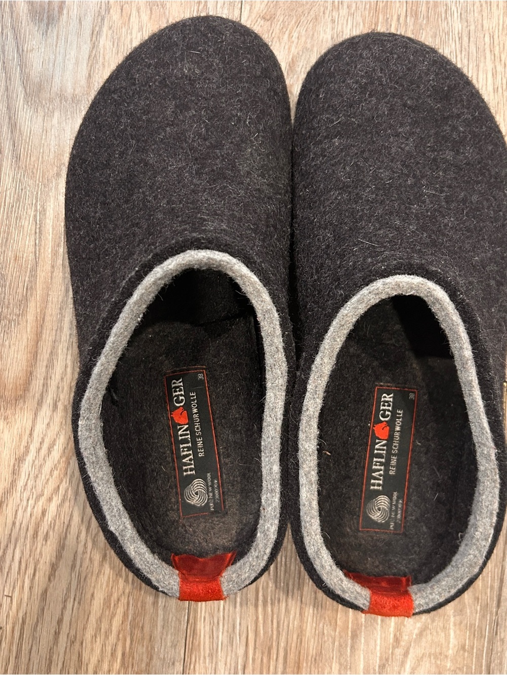 Haflinger Dark Charcoal Wool Clogs with Gray Trim and Red Pull Tab size 38
